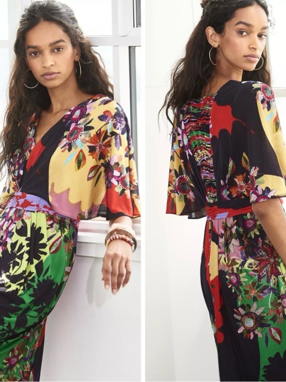 Anthropologie Floral Patchwork Midi Dress in Black, Yellow, Red, Green